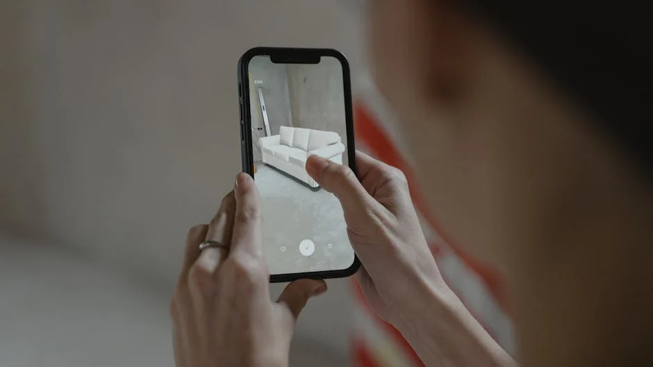 Person using augmented reality on smartphone to visualize a sofa in a room.